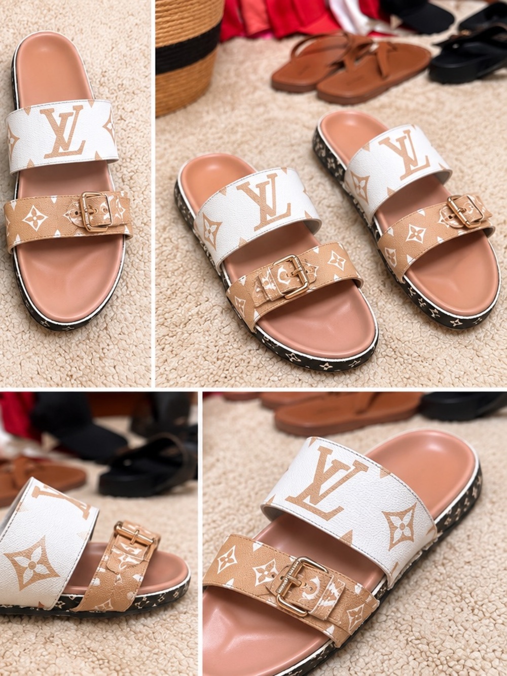 Louis Vuitton White & Tan Monogram Double-Strap Slide Sandals